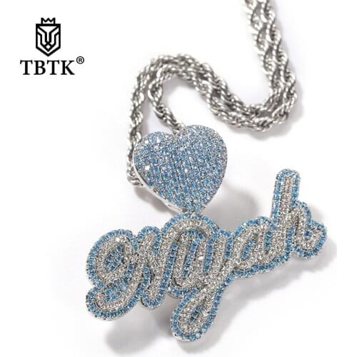 TBTK Custom Name Necklace Bubble Letter With Lovely Heart Clasp Iced Out White Light Blue CZ Pendant Tennis Chain Hiphop Jewelry