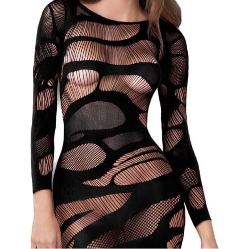 2021 New Arrival Factory Wholesale Sexy Long Sleeve Hollow Out Lace Big Mesh Night Club Women Dress