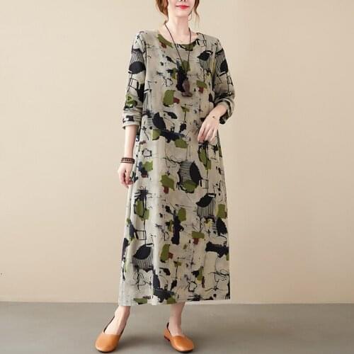 2021 New Arrival Long Sleeve Autumn Dress Cotton Linen Print Floral Vintage Long Dress Women Spring Casual Midi Dress