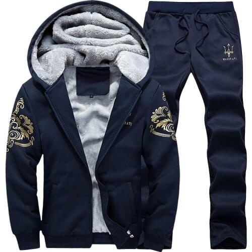 2021 Winter Mens Sets Velvet Fleece Two Piece Outdoor Running Sweatshirt Sport Suit Jogging Fitness Tracksuit Ropa Para Hombre