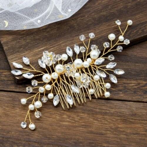 Gold Bride Floral Pearl Hair Comb Flower Wedding Hairpins Hair Jewerly Accessories Crystal Girls Party Hairband Headwear