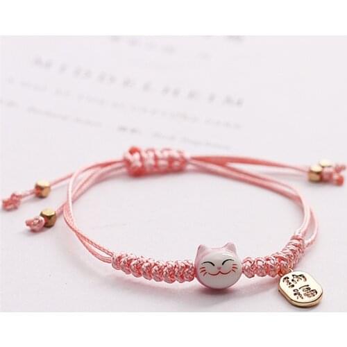 Handmade Colorful Rope Lucky Cat Bracelet For Women Girls Birthday Gifts Charm Tassel Fashion Maneki Neko Couple Bangles