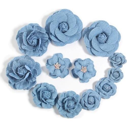 60Pcs Headmade Flowers Boutique For Headbands Denim Fabric Flower For Baby Girls Hair Accessories