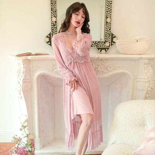 Ladies Court Style Lace Sexy Modal Long Robe Spaghetti Strap Nightdress Suits 2PCs Elegant Retro Female Lounge Set Soft Homewear
