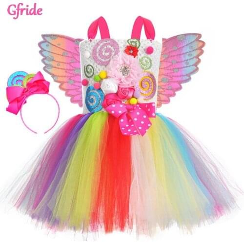 Kids Candy Tutu Dress Costume Headband Wings For Kids Lollipop Birthday Party Tulle Colorful Dress Halloween Cosplay Clothing