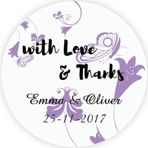 DouxArt 100 Pieces Personalized Stickers with Love and Thanks, 4CM Flowers Wedding Favors Baptism Communion Handmade Gift Labels