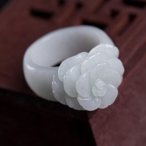 Drop shipping Hot Sell Natural Green Jadeite Rings Hand-carved Jadeite jades Women Fashion rose flower Finger Ring Jewelry