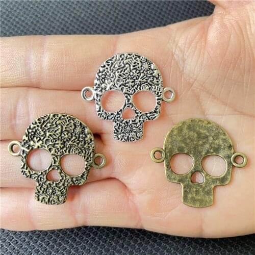 JunKang 10pcs 33x31mm Antique Silver Color Skull Connector Charms For Jewelry Making