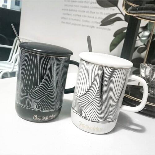 Ceramic mug Nordic style line with lid with spoon ceramic cup black and white simple coffee cup business office mug