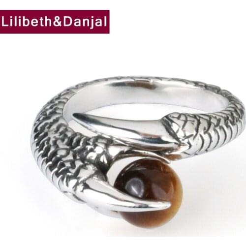 Dragon Claw Inlaid Tigers Eye Stone Initial Adjustable Ring Real 925 Sterling Silver Jewelry Women Men 2021 Free Shipping R15