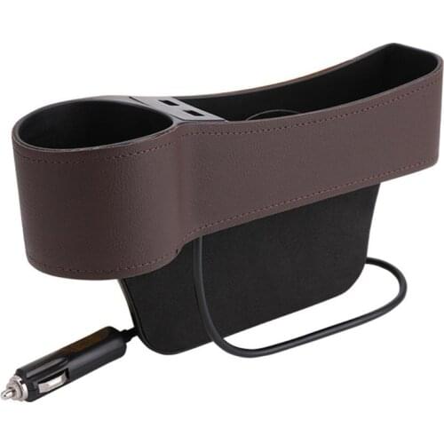 Left/Right Car Seat Gap Organizer Leather Storage Box with Dual USB Charging Port Cup Holder