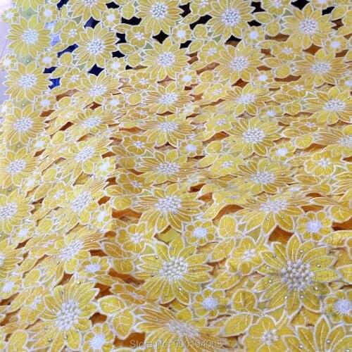 Yellow High quality handcut African lace Fabric wedding laces with stones 5 Yards embroidered Cotton Swiss Voile Lace-N88170