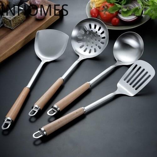 4PCS Wood Handle Spatula Stainless Steel Cookware Soup Ladle Spoon Turner Kitchen Cooking Utensils Set Dropshipping