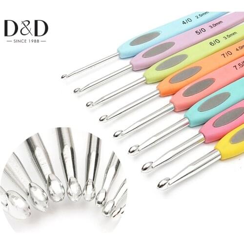 D&D 8 Sizes/Set Multicolor Plastic Handle Metal Hook Crochet Template Kit Weave Knitting Needles Tools 2.5mm-6.0mm
