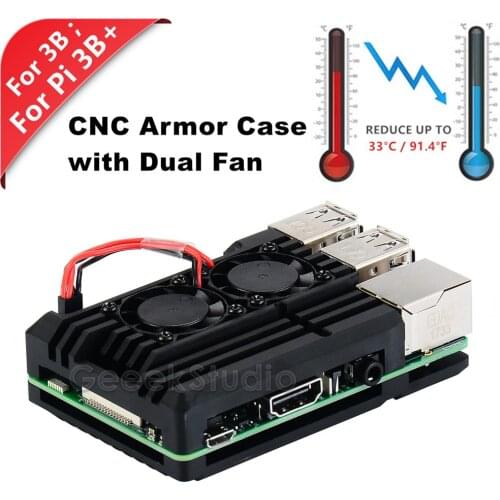 New! Raspberry CNC Aluminum Alloy Armor Case with Cooling Heatsink Dual Fan for Raspberry Pi 3 Model B / Pi 3 B+ (Plus)