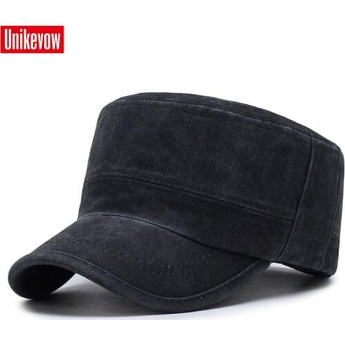 UNIKEVOW Solid simple washed military cap Sport flat top Hat for men Vintage Army Hat Cadet Military Patrol Cap