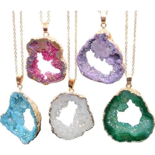Natural Stone Hole Necklace Irregular Purple Crystal Pendant Gold Color for Women 1pcs Healing Crystal