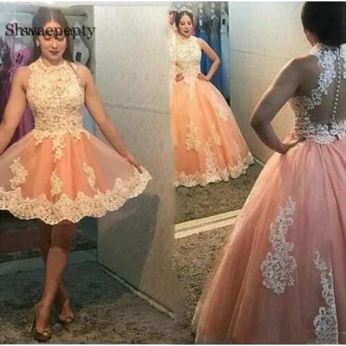 Shwaepepty Peach And Ivory Ball Gown Quinceanera Dress 2 in 1 Appliques Lace Sheer Buttons Back Prom Party Dresses 16 New 2021