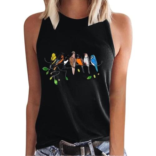 Womens Casual Bird Print V-neck Gradient Sleeveness Tops Loose Vest Tops Summer Clothes Basic Balck Летний Жилет