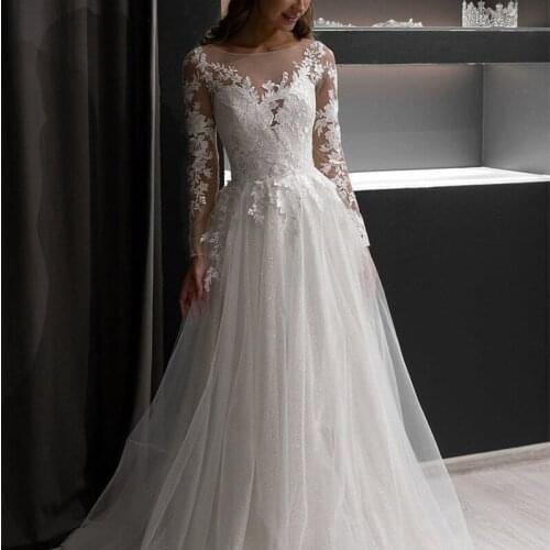 A- Line Lace Appliques Long Sleeves Tulle Wedding Dress Bling Sequins Illusion Back With Button Back Beach Bridal Gowns