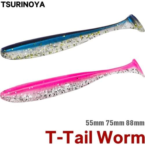 TSURINOYA Fishing Lure 55mm 75mm 88mm T-Tail Worm Artificial Soft Bait Bass temptation TEXAS RIG DOWNSHOT RIG