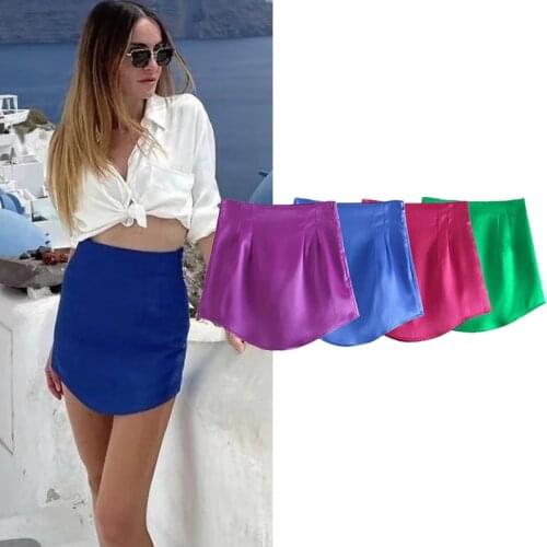 WESAY JESI Za Summer Womens Skirt Fashion Office High Waist Short Skirt Satin A-line French Fashion Vintage Sexy Mini Skirt