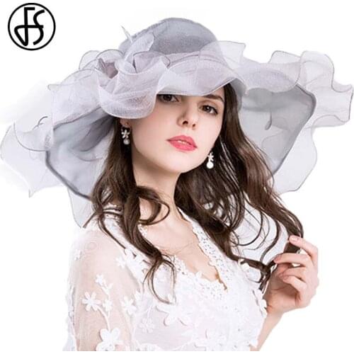 FS Vintage Pink Organza Kentucky Derby Hats For Women Summer Big Beach Hats Flower Sun Hat Wide Brim Fedora Foldable