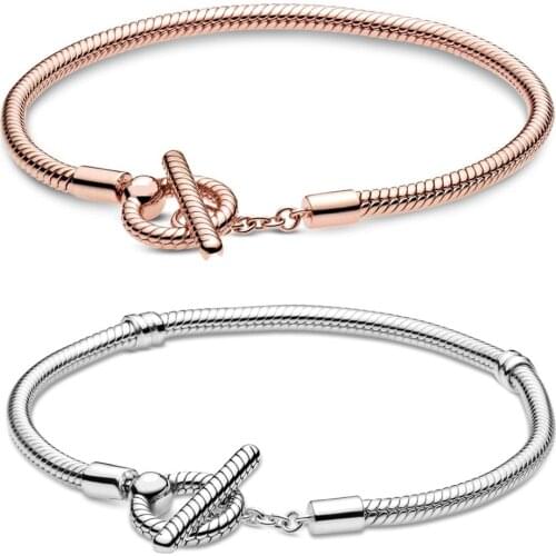2020 NEW 100% 925 Sterling Silver Rose Gold Moments T-Bar Snake Chain Bracelet Fit DIY Europe Women Original Fashion Jewelry