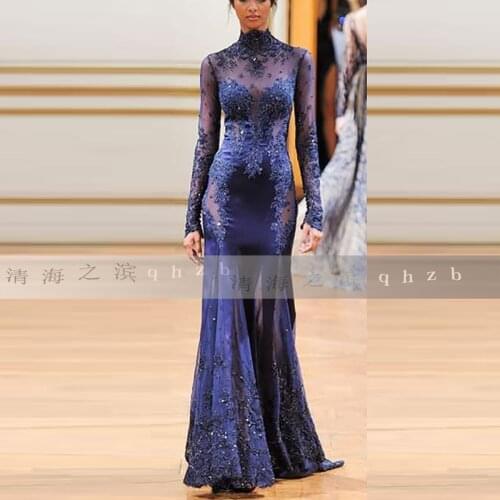 239 Royal Blue High-Neck Natural Mermaid/Trumpet Floor-Length Satin Formal Women Gowns Long Evening Prom Dresses Free Shipping