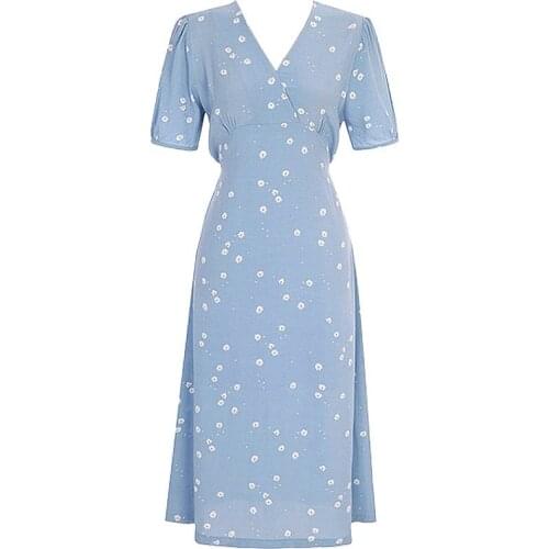 Blue Daisy Printed V Neck Boho Summer Dress Women 2021 Chiffon Casual Lace Up Floral Blue Sexy Elegant Vintage Party Dresses