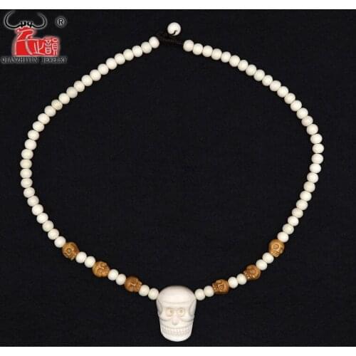 1PC High Quality Handmade Carved Yak Bone Beads Necklace skull Pendant WoMens Mens Punk Style Choker