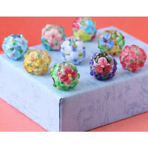 30 Styles 3D Multicolor Lampwork Glass Encased Floral Beads Round Flower Leaves Loose Beads for Diy European Bracelet Jewelry