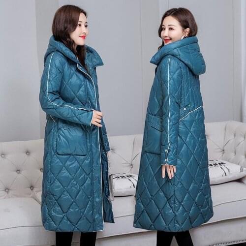 Large Womens Cotton Padded Clothes Womens 2021 Winter New Simple And Fashionable Long Knee Hooded Diamond Lattice Long Coat Co