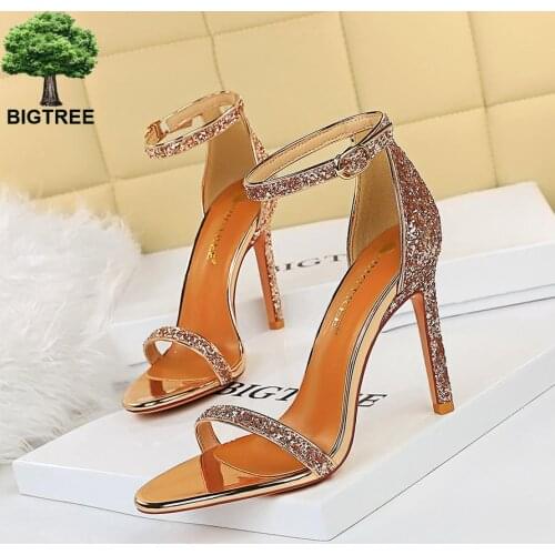 BIGTREE Shoes Sequins Women Sandals Sexy High Heels Women Shoes Heeled Sandals Women 2021 Summer Open Toe Ladies Shoes Sandals