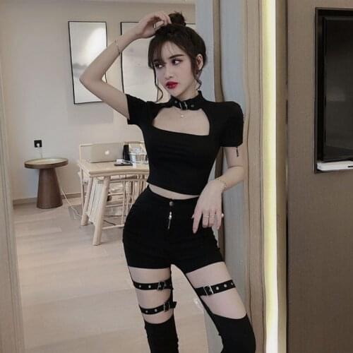 Spring Summer Women Gothic Punk Pants Female Sexy Elastic Stretch Buckle Hollow Out Skinny Pencil Pant Women Tight Trouser KZ573