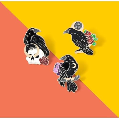 Gothic Crow Raven Enamel Pin Custom Bird Skull Moon Flowers Brooches Bag Lapel Pin Punk Badge Jewelry Gift for Friends