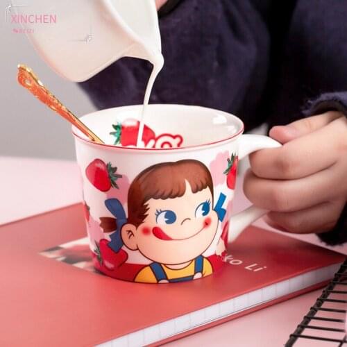 PEKO Ceramic Mug Cartoon Strawberry Coffee Milk Tea Mugs Kitchen Tableware Cute Porcelain Breakfast Oats Cup Housewarming Gift