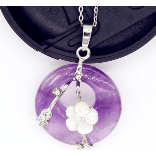 KFT Natural Round Hollow Crystal Stone Pendant Healing Amethysts Quartz Shell Flower of Life Chain Necklace Vintage Jewelry