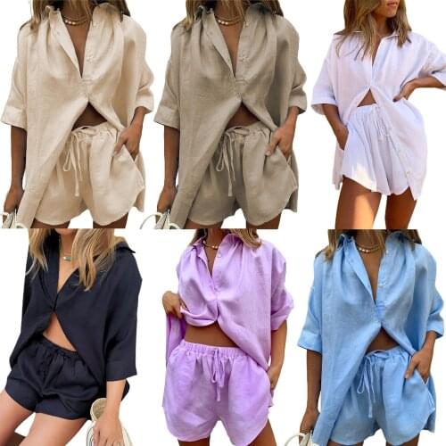 Women Solid Color Clothes Set, Half Sleeve Lapel Neck Button-up Shirt+Irregular Hem Drawstring Shorts