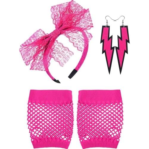 80s Lace Headband Neon Earrings Fingerless Fishnet Gloves for Pop 80s Party Women Costume Accessories Set Fancy Outfit