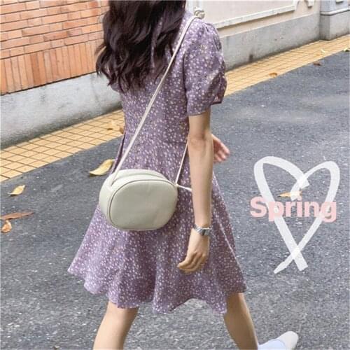 Summer Purple High Waist Midi Elegant Floral Sweet V-neck Slim Ruffled Chic Dress