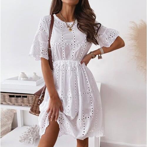 Summer Dress Sexy Hollow O Neck Women Beach Dresses Half Sleeve Ruffle Knee Length Harajuku White Dress Plus Size Dresses 4