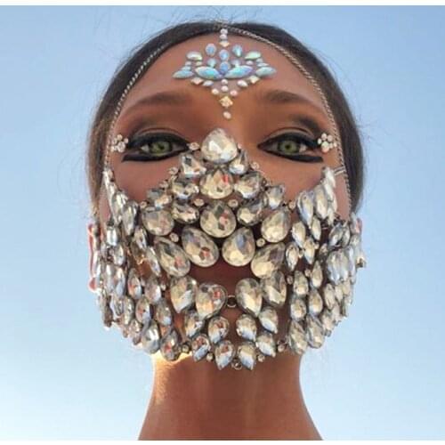 INS HOT Exaggerated Rhinestone Luxury Mask Masquerade Decoration Face Jewelry for Women Bling Crystal Full Face Decorative Mask