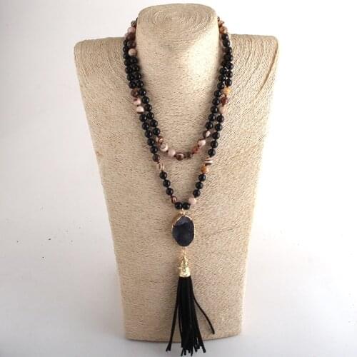 RH Fashion Boho Jewelry 108 Beads Knotted Stones Necklaces With Stone Druzy Links Long Tassel Necklace Women Gift Dropship