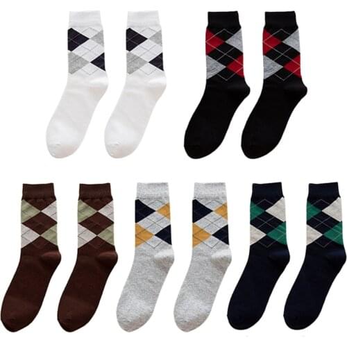 Men Autumn Cotton Crew Socks Vintage Argyle Plaid Patterned Print Breathable Formal Business Casual Mid Tube Hosiery