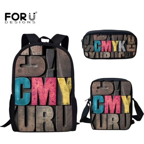 FORUDESIGNS New Arrival Primary Student Backpack 3Pcs Set Letter 3D Print School Bookbags Lunch Bag and Pen Bag Youth Campus Bag