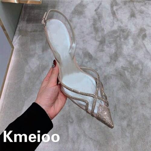 Kmeioo new fashion pointed toe crystal clear sandals slingbacks thin heel women sandals wedding party banquet stiletto