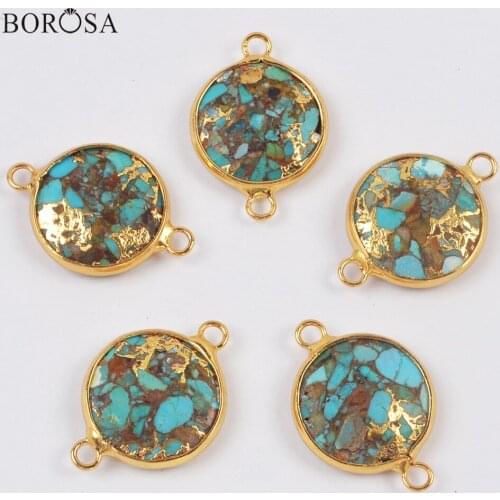 BOROSA Round Shape Gold Plating Turquoises with Gold-line Pendant Necklace Chokers Gems Stone Beads for Bracelet Making G2009