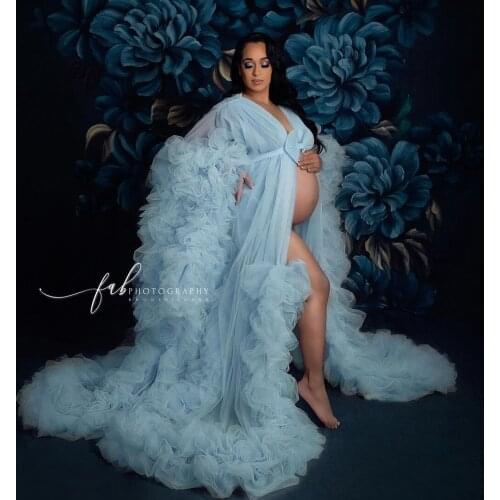 Luxury Sky Blue Puffy Tulle Long Robes Maternity Dresses To Photo-shoot Lush Tiered Ruffles Pregnant Women Dress Vestidos