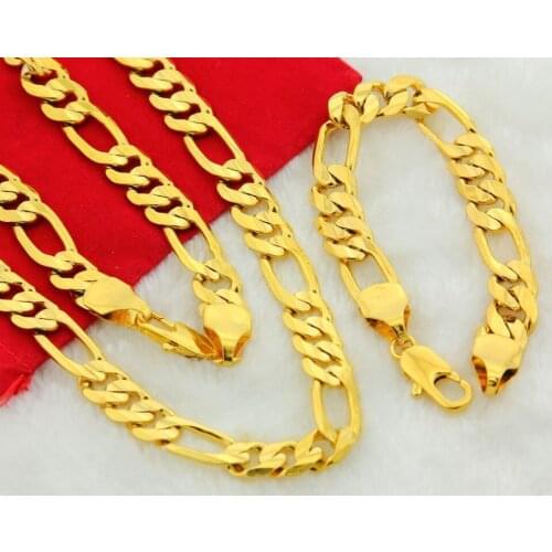 Pure gold color10MM mens figaro chain jewelry sets, wholesale 24k gold GP jewelry necklace + bracelet Sets for men